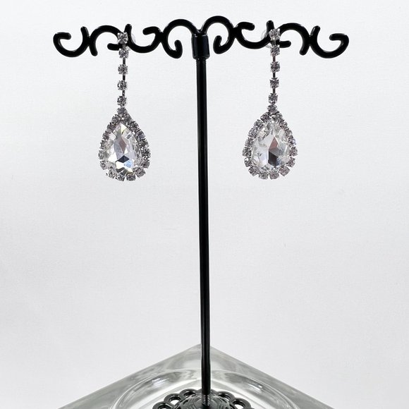 Clear Jeweled Costume Drop Teardrop Shiny Silver Tone Post Earrings - Picture 3 of 6